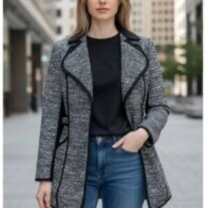 Laundry by Shelli Segal Gray Tweed Moto Coat | Tailored Open Front Jacket